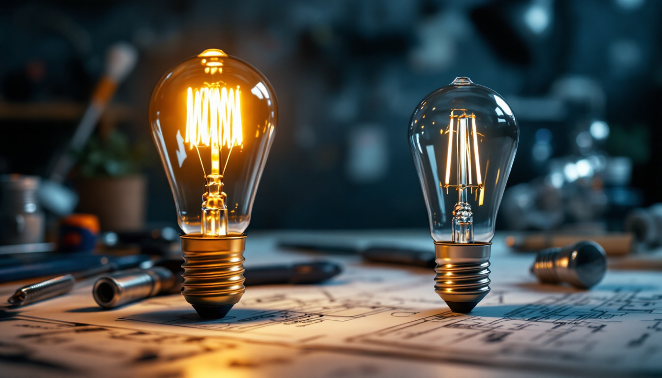 A photograph of a vintage light bulb alongside modern led bulbs