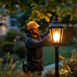A photograph of a skilled lighting contractor installing or adjusting an elegant outdoor lamp post in a beautifully landscaped setting