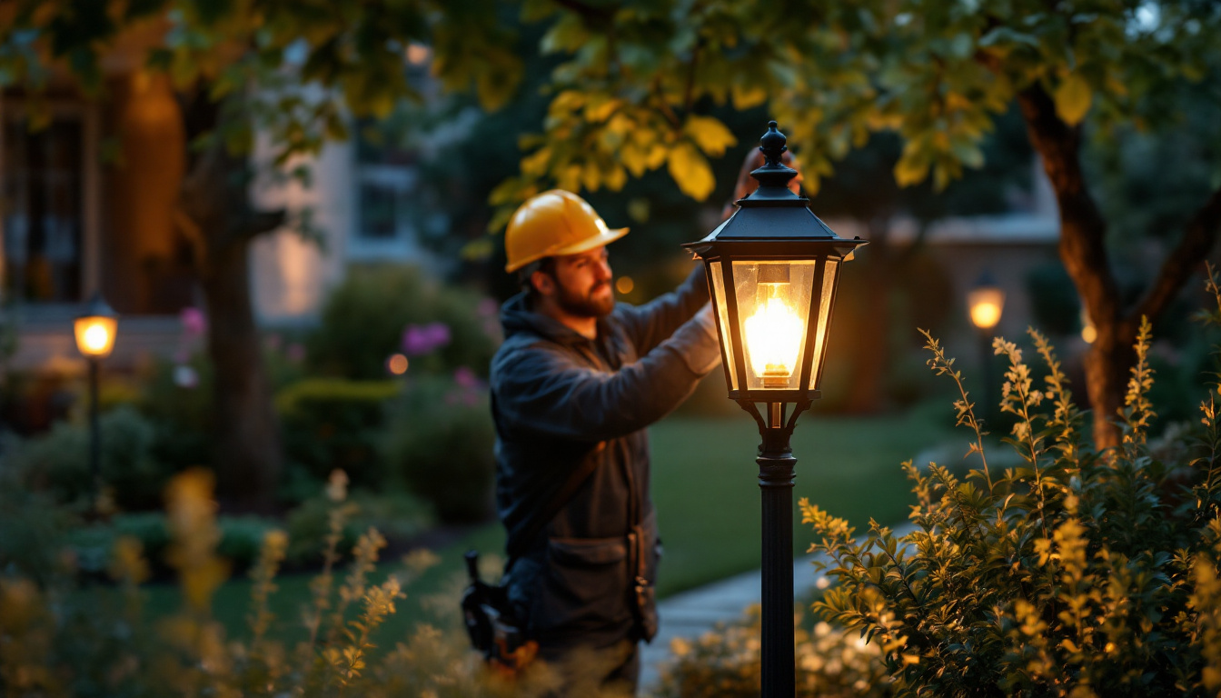 A photograph of a skilled lighting contractor installing or adjusting an elegant outdoor lamp post in a beautifully landscaped setting