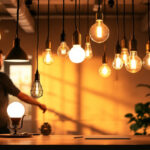 A photograph of a well-lit interior space showcasing various types of light fixtures and bulbs in use