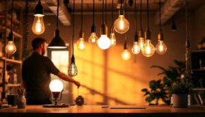 A photograph of a well-lit interior space showcasing various types of light fixtures and bulbs in use