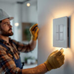 A photograph of a skilled lighting contractor installing a stylish lighted light switch in a modern home setting