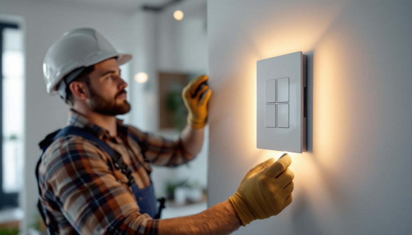 A photograph of a skilled lighting contractor installing a stylish lighted light switch in a modern home setting