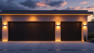 A photograph of a beautifully illuminated outdoor garage space at dusk