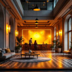A photograph of a beautifully designed architectural space illuminated by various lighting fixtures