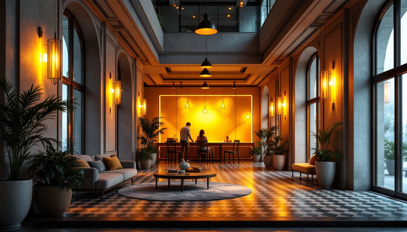 A photograph of a beautifully designed architectural space illuminated by various lighting fixtures