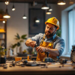 A photograph of a skilled lighting contractor at work