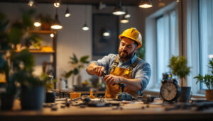 A photograph of a skilled lighting contractor at work