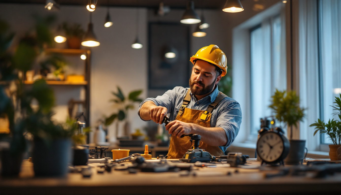 A photograph of a skilled lighting contractor at work