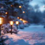 A photograph of a beautifully illuminated outdoor space featuring solar lights in a winter setting