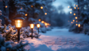 A photograph of a beautifully illuminated outdoor space featuring solar lights in a winter setting