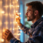 A photograph of a lighting contractor in action