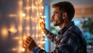 A photograph of a lighting contractor in action