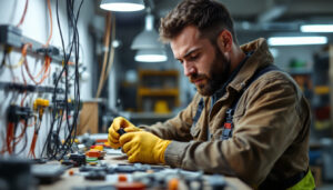 A photograph of a skilled lighting contractor expertly connecting electric wire connectors in a well-lit workspace