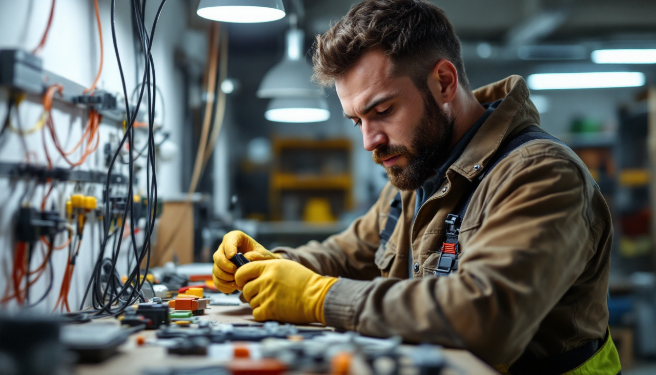 A photograph of a skilled lighting contractor expertly connecting electric wire connectors in a well-lit workspace
