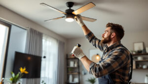 A photograph of a skilled lighting contractor installing a stylish ceiling fan in a modern living space