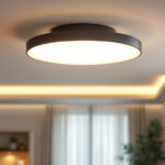 A photograph of a stylish flush ceiling light fixture installed in a modern living space