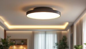 A photograph of a stylish flush ceiling light fixture installed in a modern living space