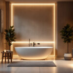 A photograph of a beautifully designed bathroom featuring concealed lighting elements