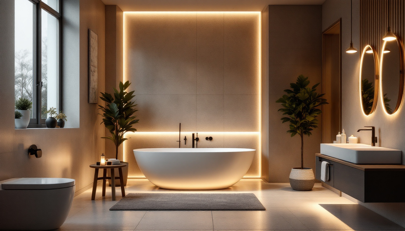 A photograph of a beautifully designed bathroom featuring concealed lighting elements