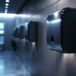 A photograph of a modern commercial hand dryer installed in a well-lit restroom