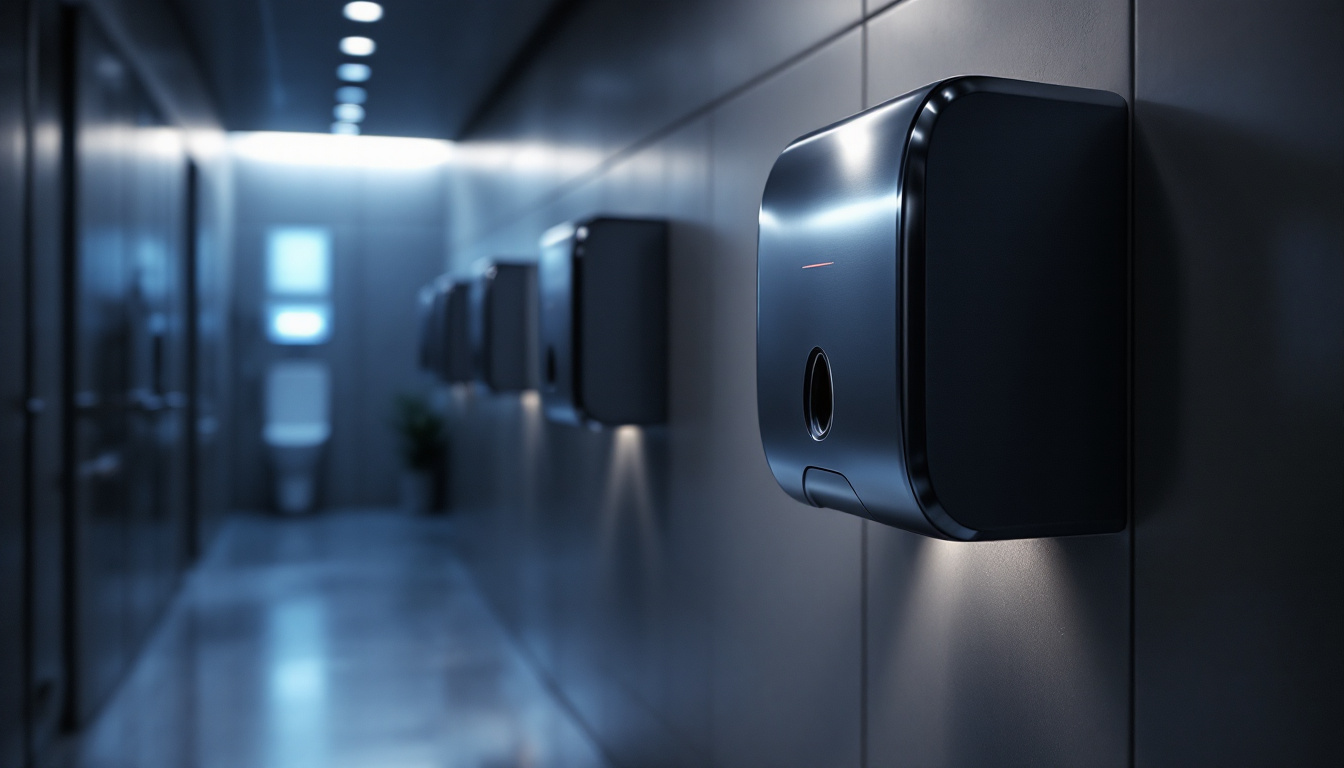 A photograph of a modern commercial hand dryer installed in a well-lit restroom