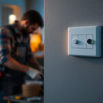 A photograph of a lighting contractor installing an automatic light switch timer in a residential setting
