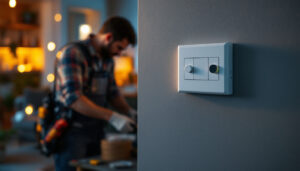 A photograph of a lighting contractor installing an automatic light switch timer in a residential setting