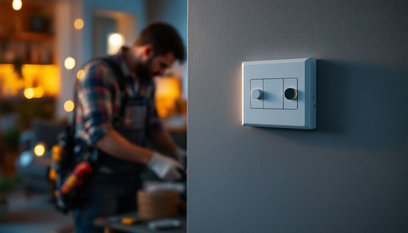 A photograph of a lighting contractor installing an automatic light switch timer in a residential setting
