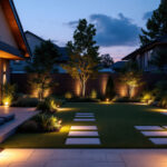 A photograph of a beautifully landscaped outdoor space featuring recessed can lights subtly integrated into the design