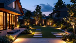 A photograph of a beautifully landscaped outdoor space featuring recessed can lights subtly integrated into the design
