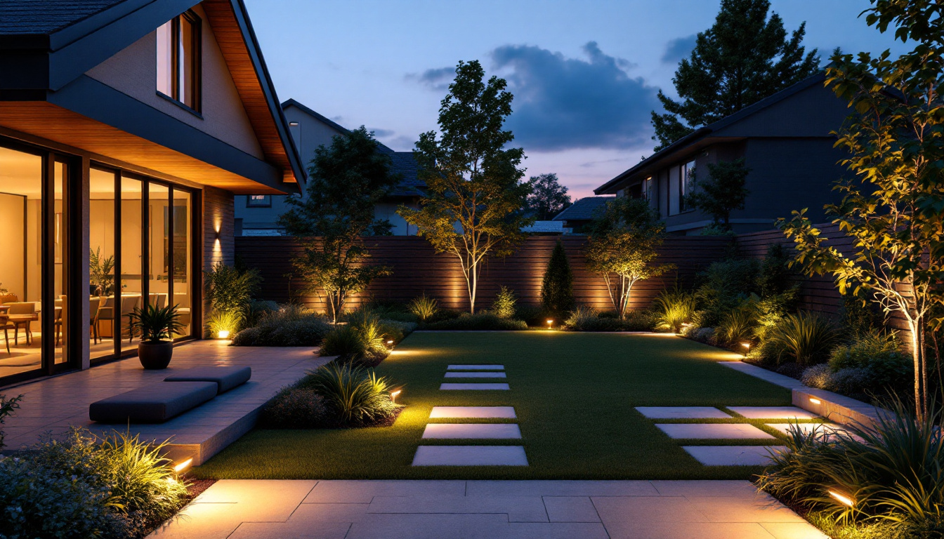 A photograph of a beautifully landscaped outdoor space featuring recessed can lights subtly integrated into the design