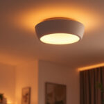 A photograph of a stylish flush mount ceiling fixture installed in a modern living space