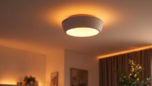 A photograph of a stylish flush mount ceiling fixture installed in a modern living space