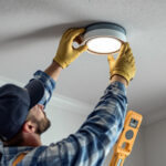 A photograph of a lighting contractor carefully installing a canister light cover in a modern ceiling