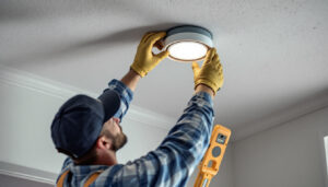 A photograph of a lighting contractor carefully installing a canister light cover in a modern ceiling