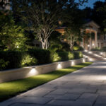 A photograph of capture a photograph of a beautifully illuminated outdoor space showcasing various styles of exterior flood lights in action