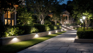 A photograph of capture a photograph of a beautifully illuminated outdoor space showcasing various styles of exterior flood lights in action