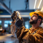 A photograph of a lighting contractor installing led tape lights in a modern residential setting