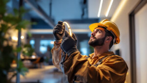 A photograph of a lighting contractor installing led tape lights in a modern residential setting