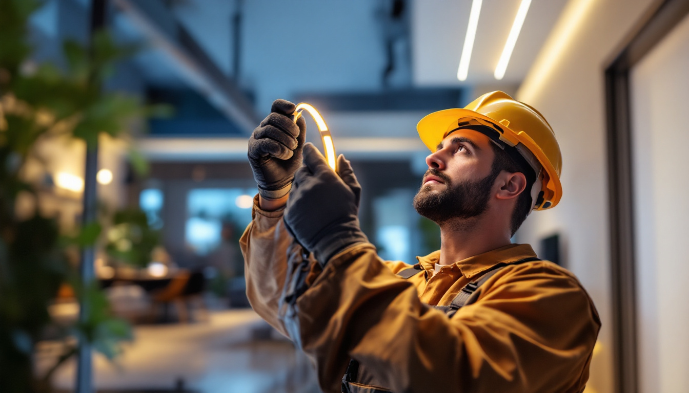 A photograph of a lighting contractor installing led tape lights in a modern residential setting