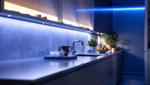 A photograph of a beautifully illuminated kitchen with sleek led under-counter lights highlighting the cabinetry and workspace