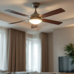 A photograph of a stylish ceiling fan installed in a modern living space