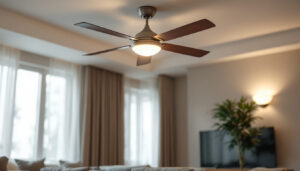 A photograph of a stylish ceiling fan installed in a modern living space