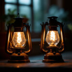 A photograph of a vintage gas lamp and an oil lamp side by side