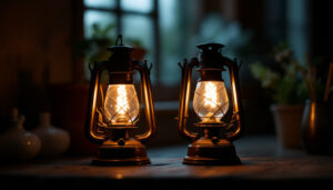 A photograph of a vintage gas lamp and an oil lamp side by side