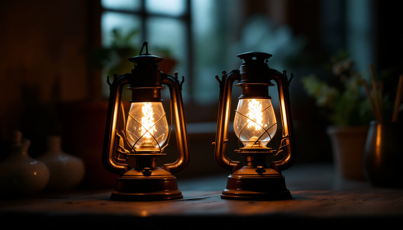 A photograph of a vintage gas lamp and an oil lamp side by side