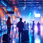 A photograph of a bustling airport terminal showcasing vibrant lighting installations