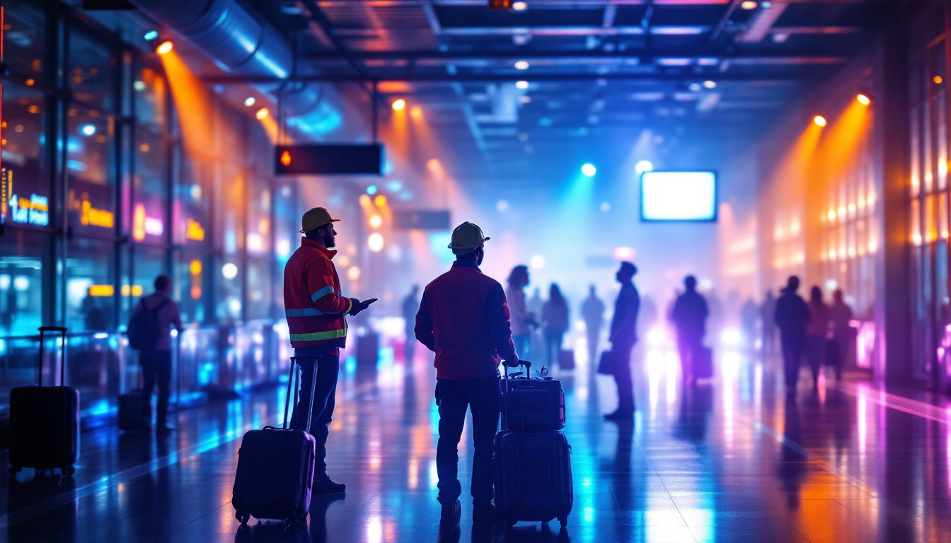 A photograph of a bustling airport terminal showcasing vibrant lighting installations