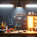 A photograph of a well-lit workshop or garage featuring 2x4 led shop lights in action